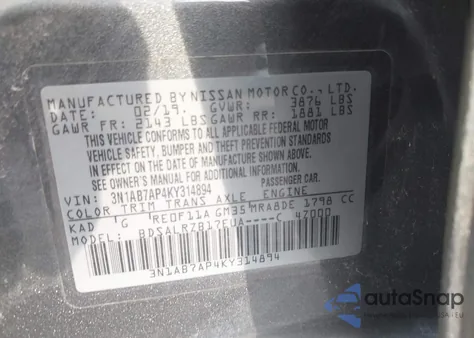 2019 Nissan Sentra Sr from USA, damaged, VIN 3N1AB7AP4KY314894
